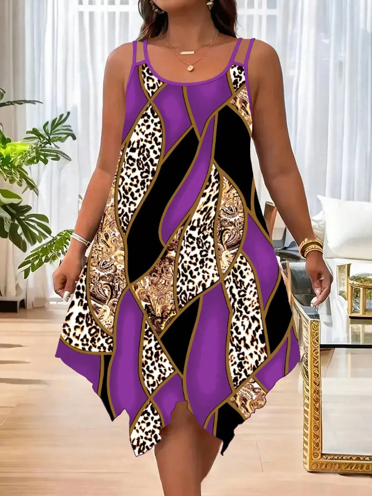Women's Plus Size Asymmetrical Geometric Stripe Double-Strap Dress