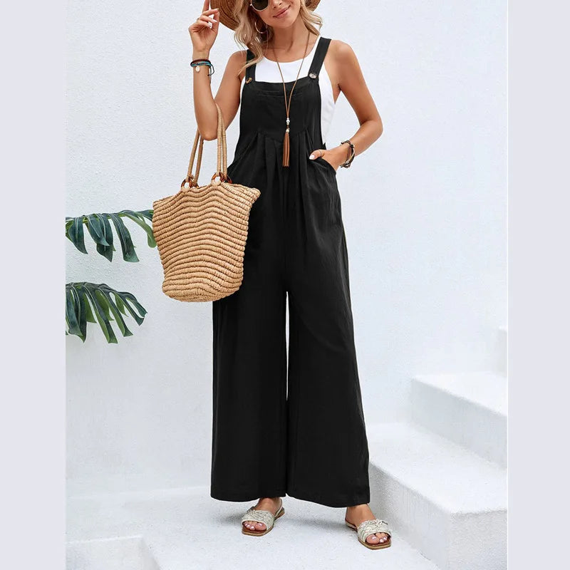 Women's Sleeveless Loose Backless Wide-Leg Jumpsuit Romper