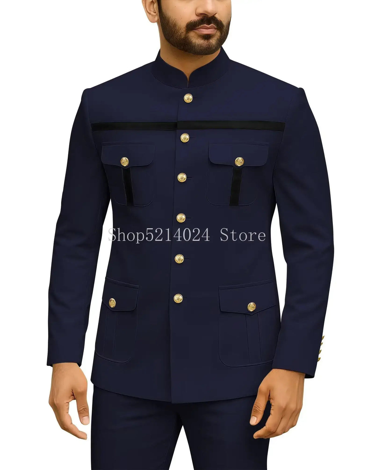 Mens Safari Suit 2 Piece Regular Fit Chinese Suit Stand Collar Gold Button Blazer Pants Set African Outfits