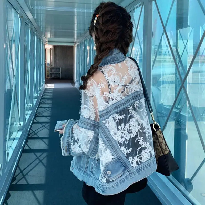 Mesh Embroidery Hole Denim Jacket Summer Lace Stitching Girlish Top