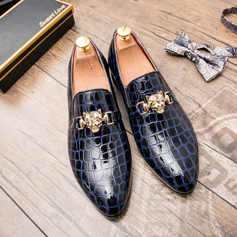 Men's Black Pointed-Toe Leather Brogue Loafers