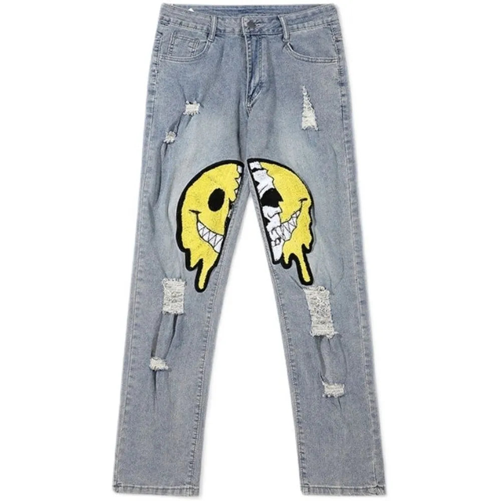 Unisex Straight Ripped Hole Baggy Patchwork Jeans Pants