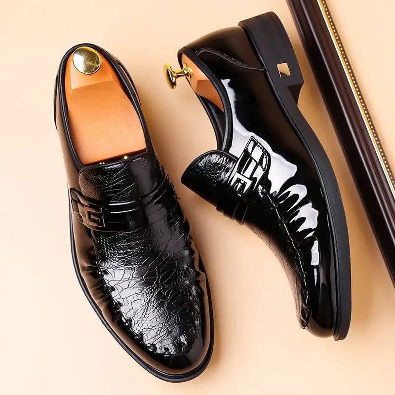 Men's Brown Crocodile Patent Leather Slip-On Loafer Oxfords