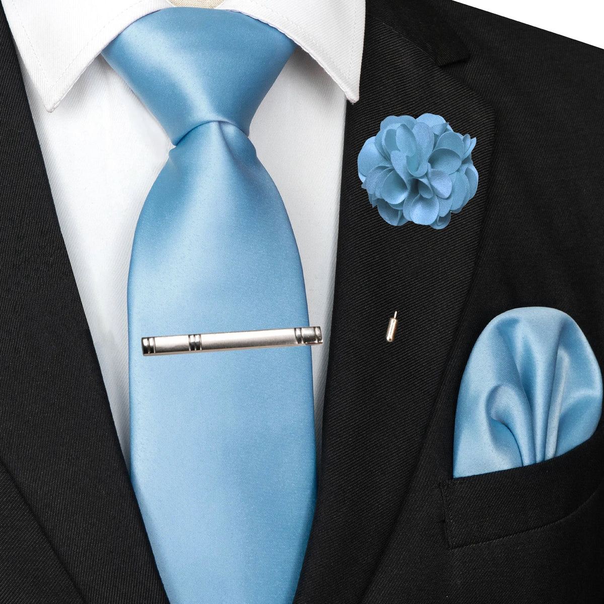 Men's Solid Color Tie Set with Lapel Pin and Pocket Square