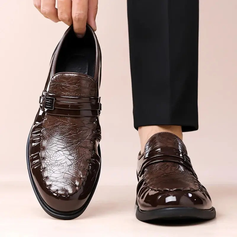 Men's Brown Crocodile Patent Leather Slip-On Loafer Oxfords