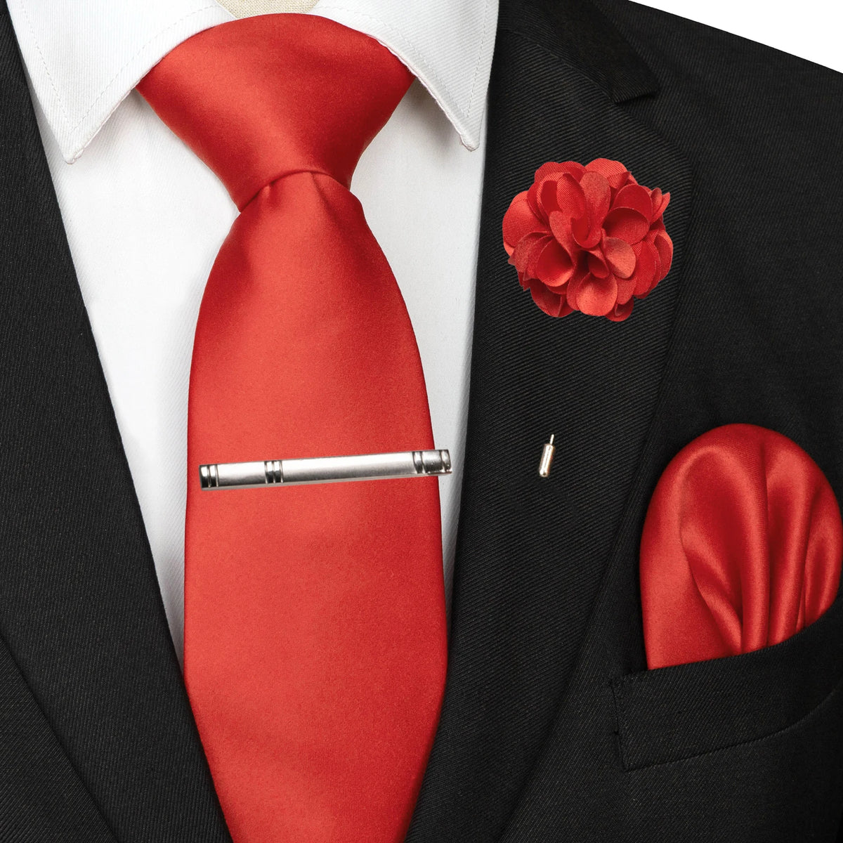 Men's Solid Color Tie Set with Lapel Pin and Pocket Square