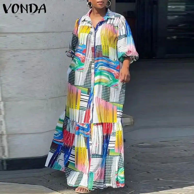 Women's Plus-Size 5XL Bohemian Printed Long Sleeve Vintage Maxi Dress