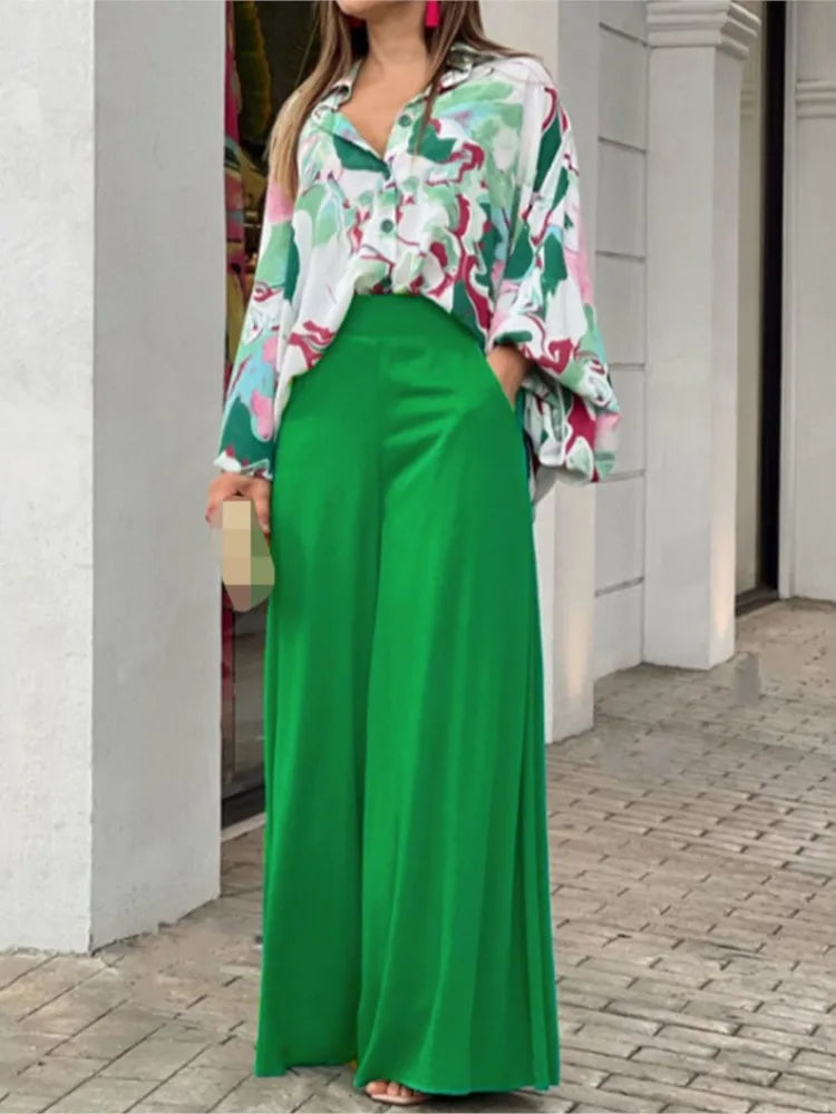 Women's Printed Shirt and Solid Pants Two-Piece Set