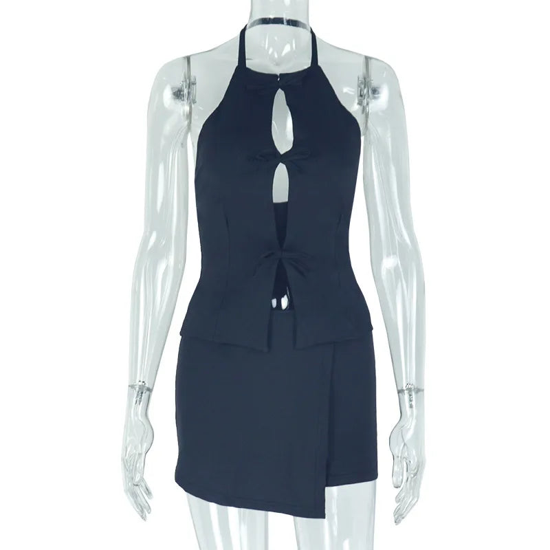 Women's White Hollow Halter Backless Top and Irregular Mini Skirt Set