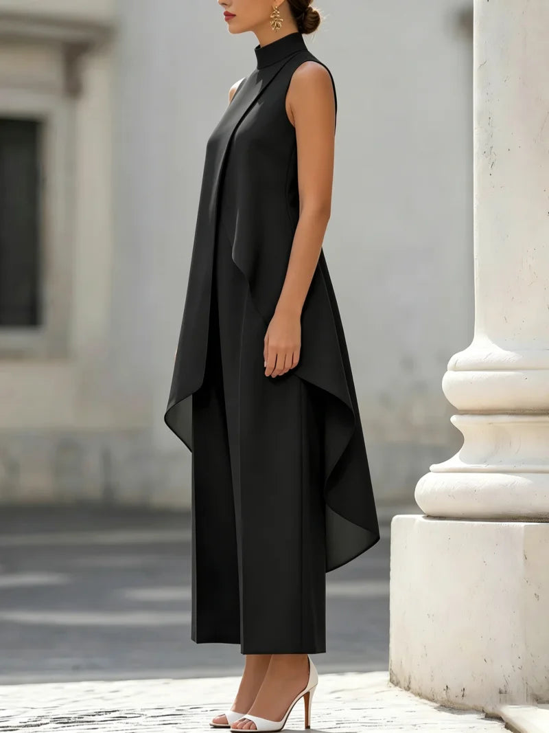 Sleeveless High Neck Asymmetrical Layered Wide Leg Jumpsuit for Women Elegant Formal Evening Wear