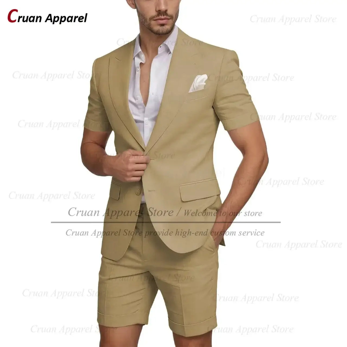 Men's Slim Fit Linen Beach Wedding Short Suit, 2-Piece