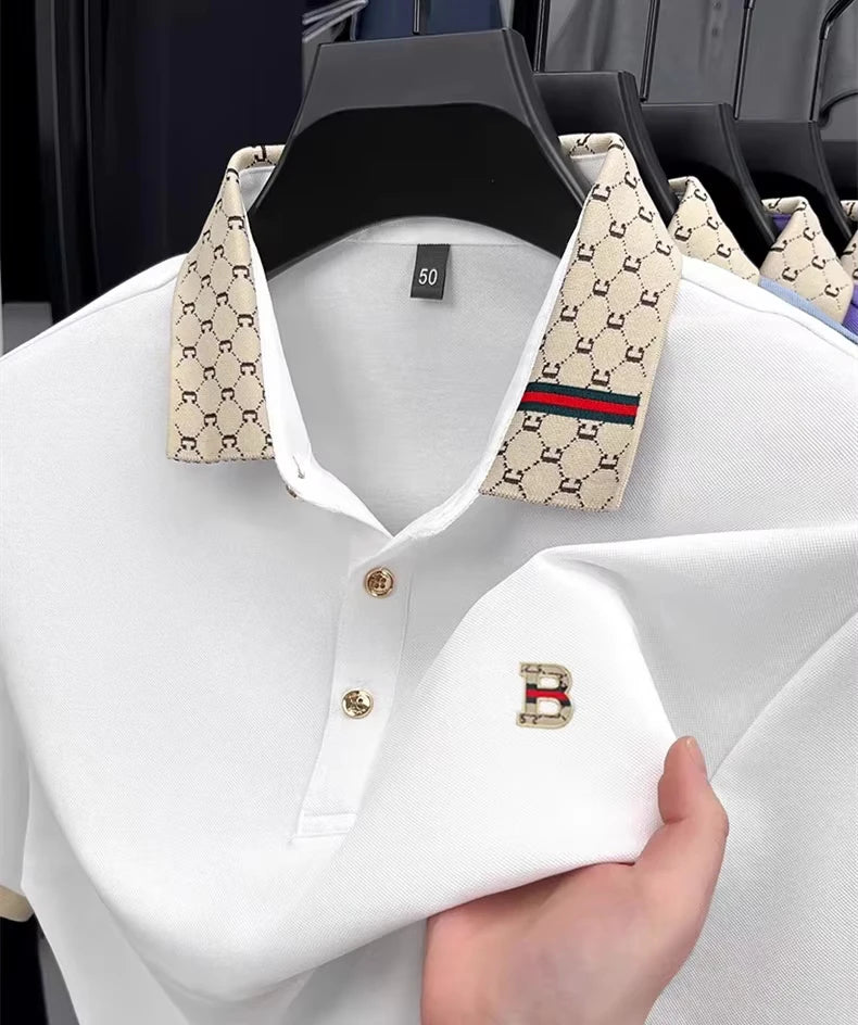 Men's B-Letter Embossed Color-Block Short Sleeve Polo Shirt