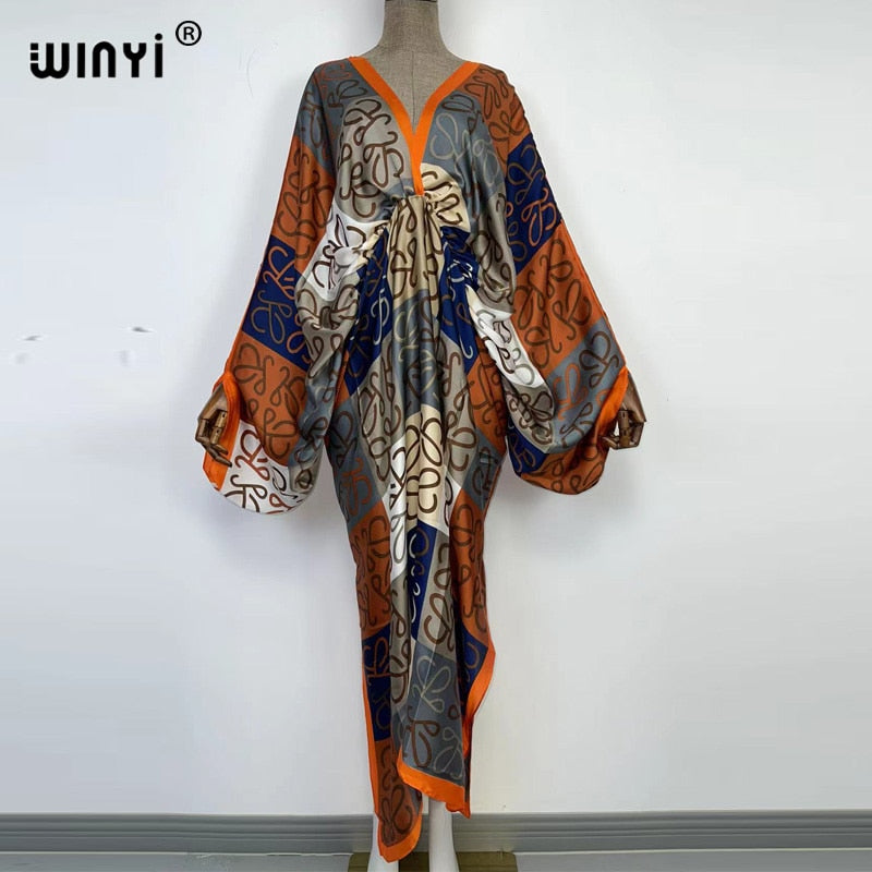 Women's Silk Rayon Print Bohemian V-Neck Beach Maxi Dress