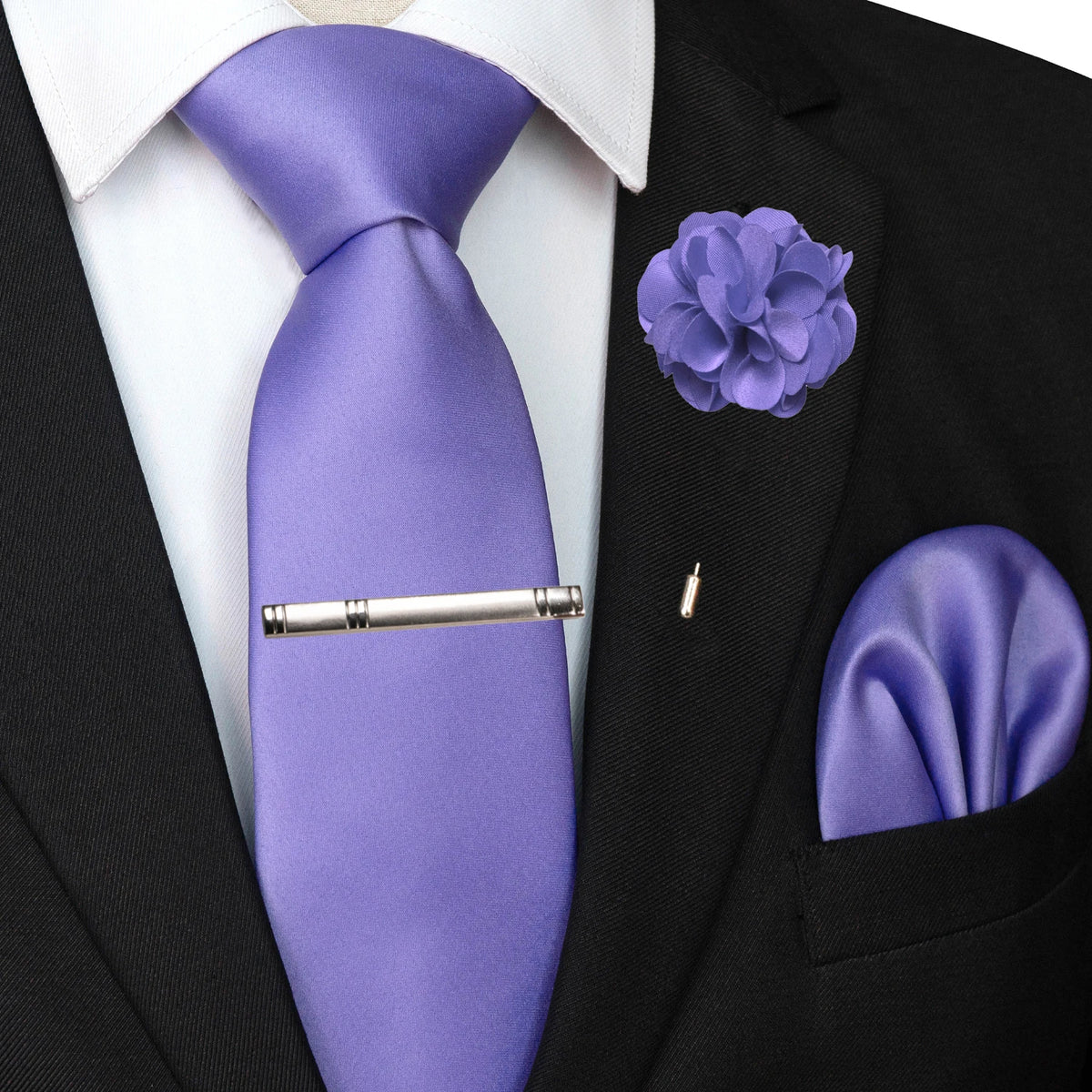 Men's Solid Color Tie Set with Lapel Pin and Pocket Square