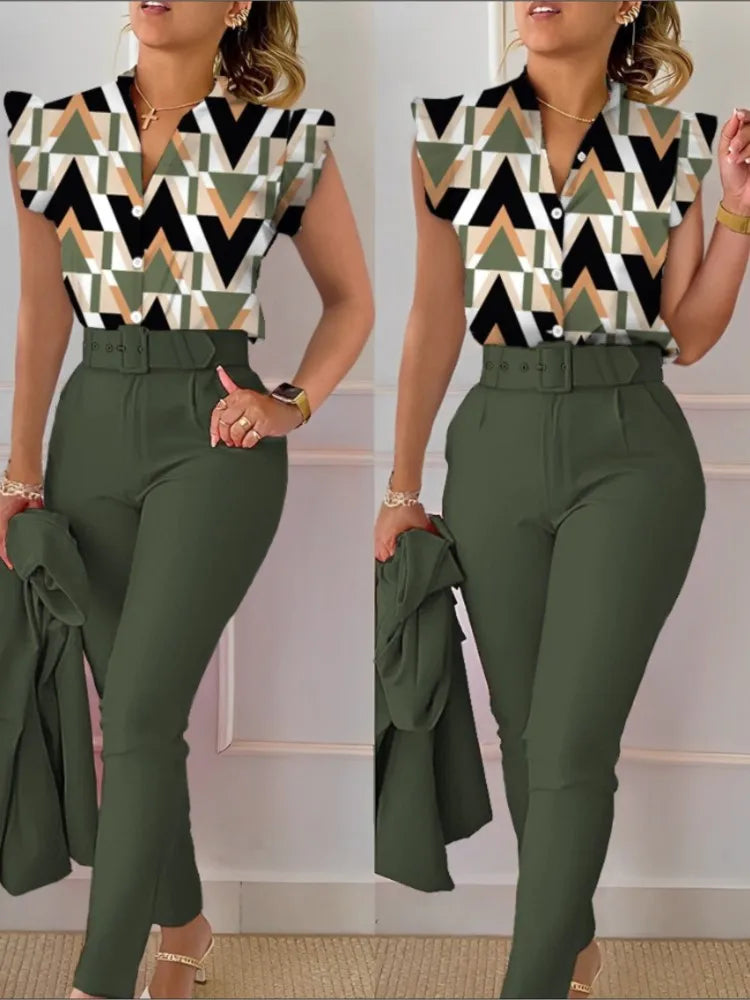 Women's Printed Sleeveless Shirt and Belted Pants Office Set