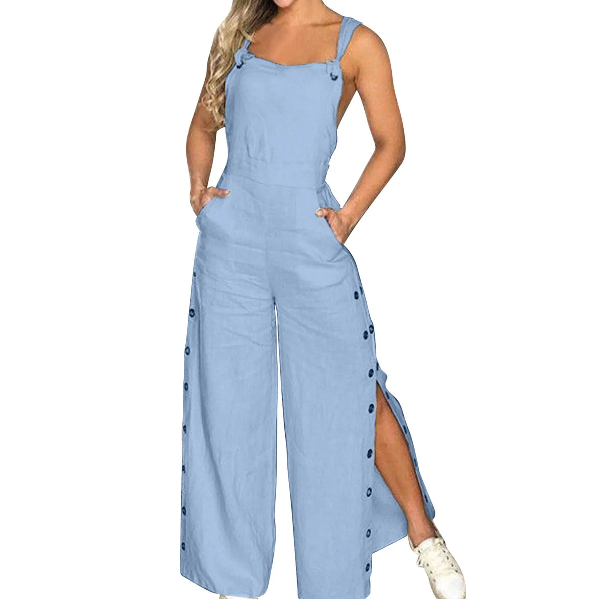 Women's Summer Sleeveless Cotton Linen Playsuits Strappy Side Button Opening Overalls Loose Long Wide Leg Pants Female Jumpsuits