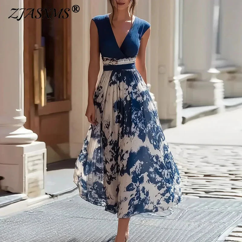 Women's Sleeveless Deep-V Pleated Bohemian Maxi Dress