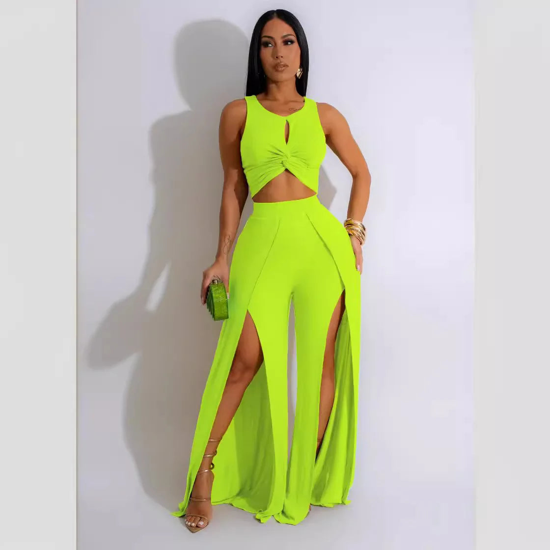 Women's Sleeveless Top and Split Wide-Leg Pants Two-Piece Set