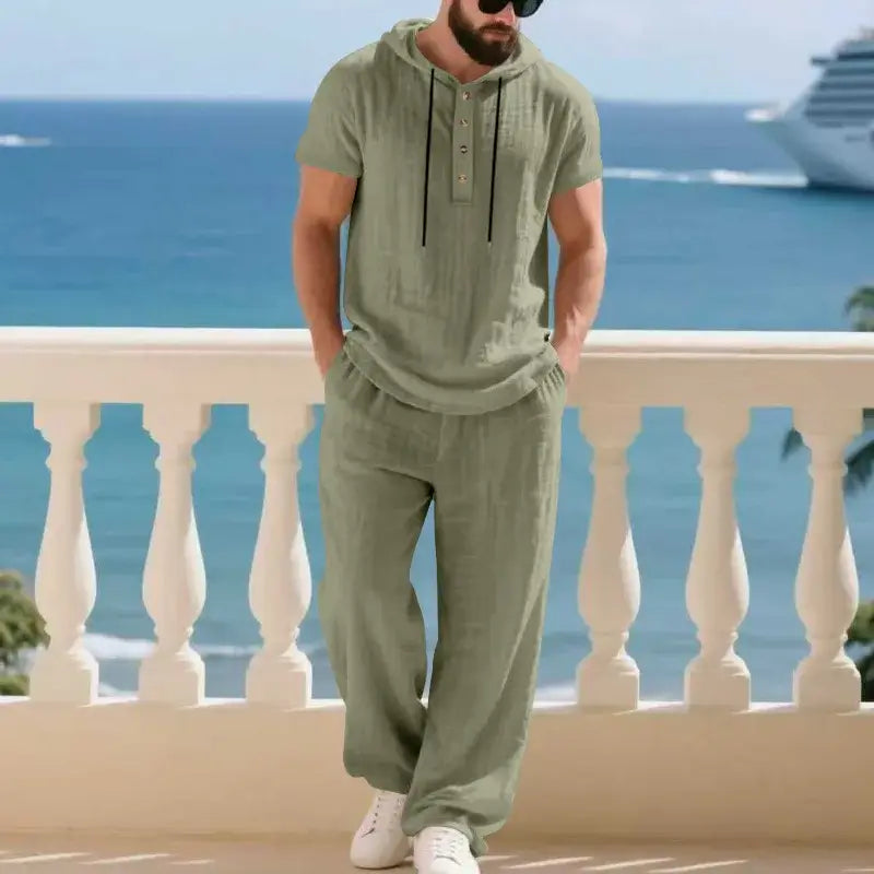 Men's Summer Linen Short Sleeve Hoodie and Loose Pants Set
