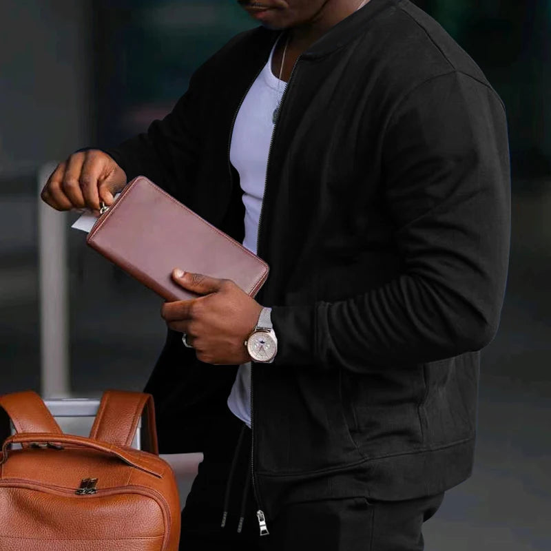 Men's Solid Stand-Collar Zip Jacket and Pants Set