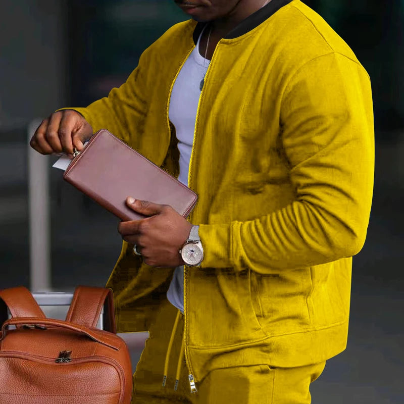 Men's Solid Stand-Collar Zip Jacket and Pants Set