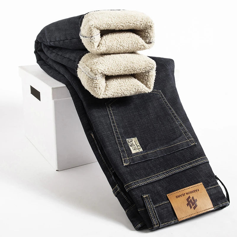 Men's Winter Fleece-Lined Lamb Denim Straight Stretch Jeans, Size 40