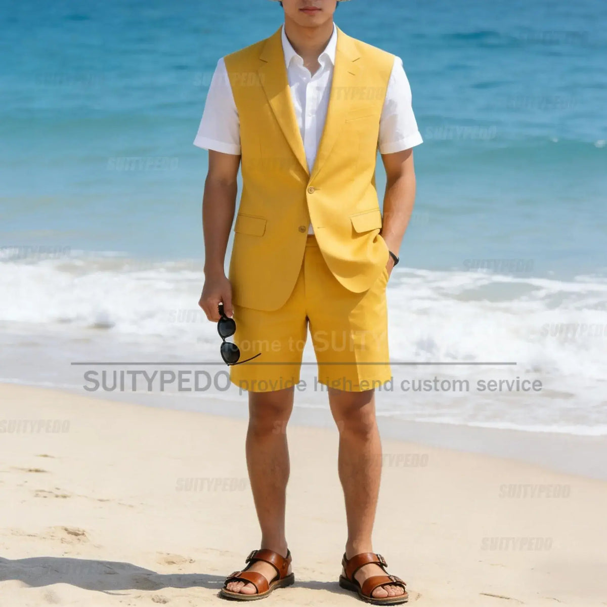 Men's Sleeveless Single-Breasted Blazer and Shorts Two-Piece Suit