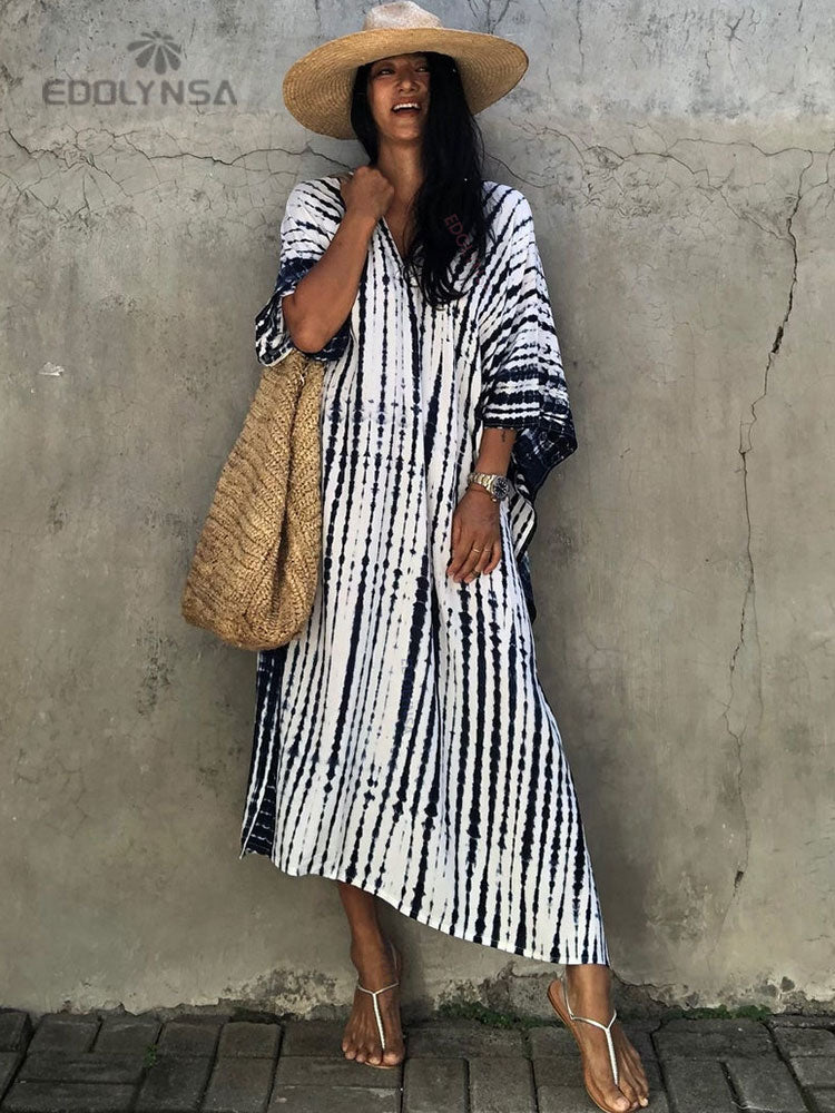 Women's Bohemian Printed V-Neck Batwing Split Maxi Dress