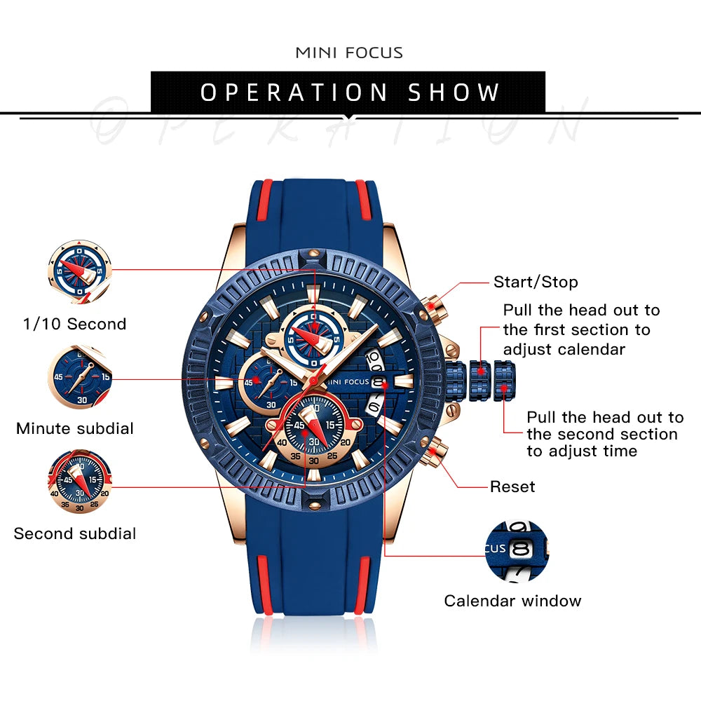 Men's Splash-Resistant Silicone Quartz Chronograph Watch, Luminous Dial