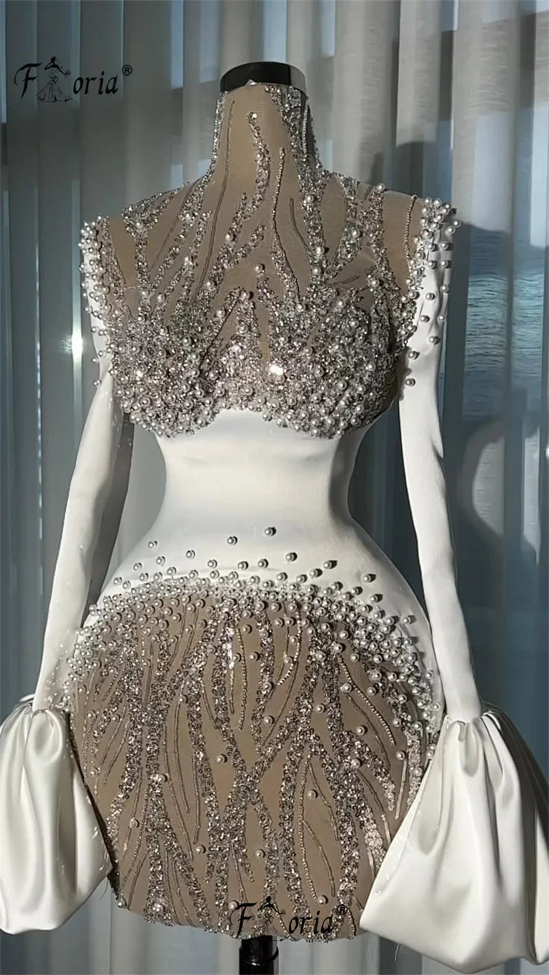 Women's Pearl Sequin See-Through Flare Sleeve Mini Cocktail Dress