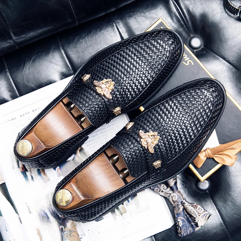 Men's Black Pointed-Toe Leather Brogue Loafers