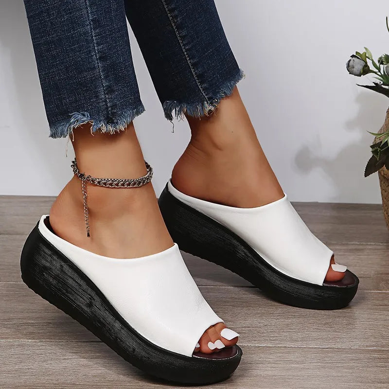 Women's White Retro Fish-Mouth Wedge Sandals, Large Size 44