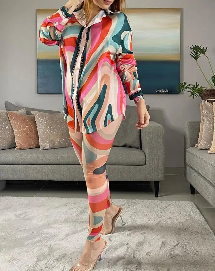 Women's Two-Piece Long Sleeve Sexy V-Neck Fashion Baroque Print Top and Tights Suit Casual Daily Street Wear