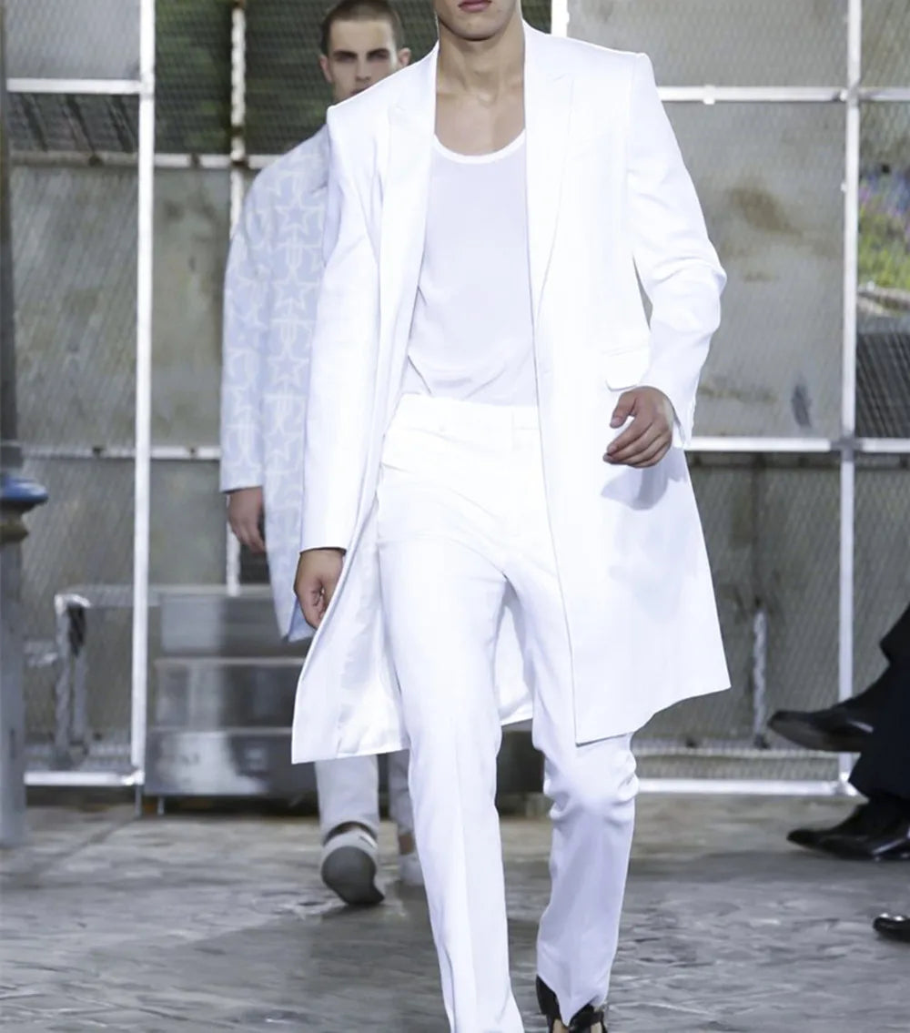 Men's White Long Jacket and Trousers Peaked-Lapel Wedding Tuxedo