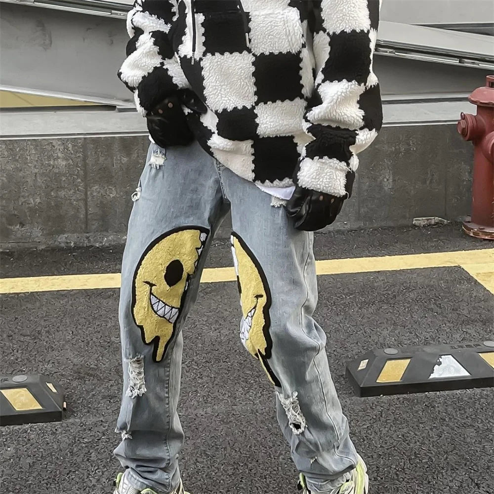 Unisex Straight Ripped Hole Baggy Patchwork Jeans Pants