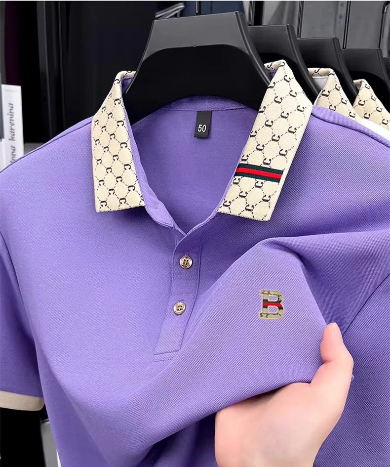 Men's B-Letter Embossed Color-Block Short Sleeve Polo Shirt