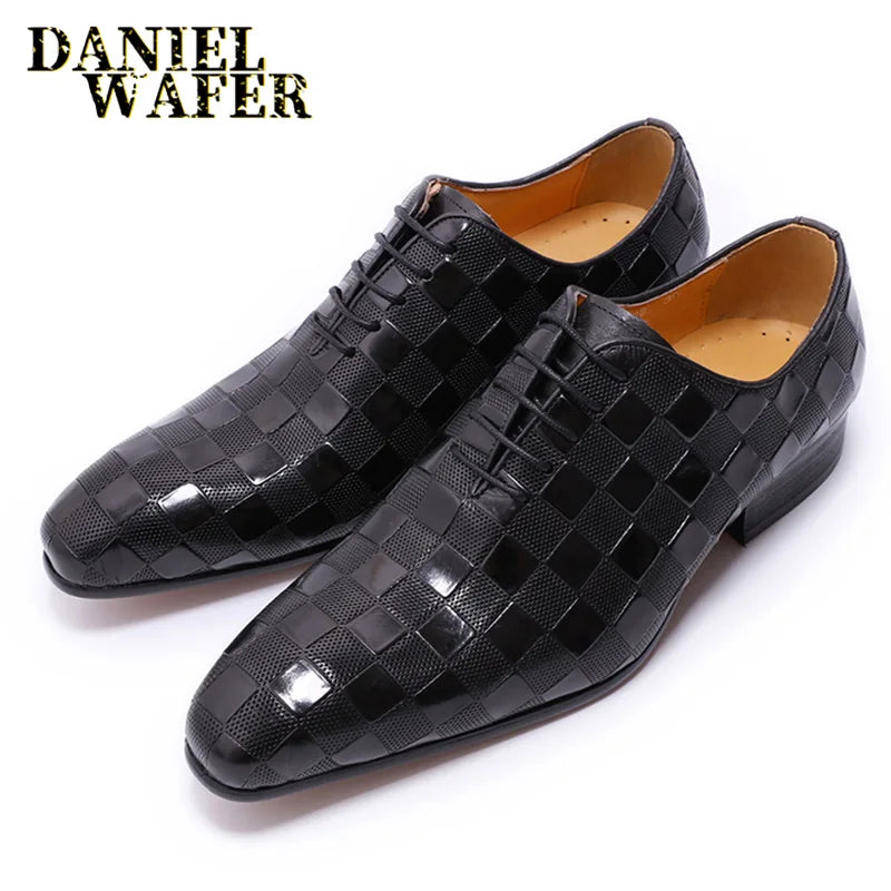 Men's Italian Leather Plaid Print Lace-Up Oxford Wedding Shoes