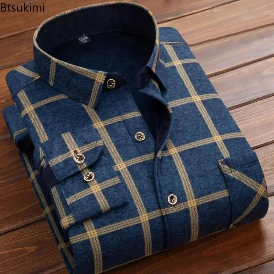 Men's Winter Plaid Flannel Fur Lined Fleece Dress Shirt