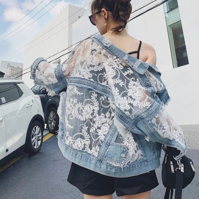 Mesh Embroidery Hole Denim Jacket Summer Lace Stitching Girlish Top