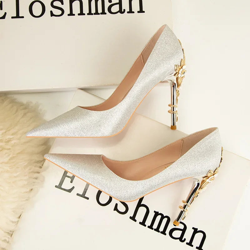 Women's Metal Flower Pointed High Heel Banquet Heels