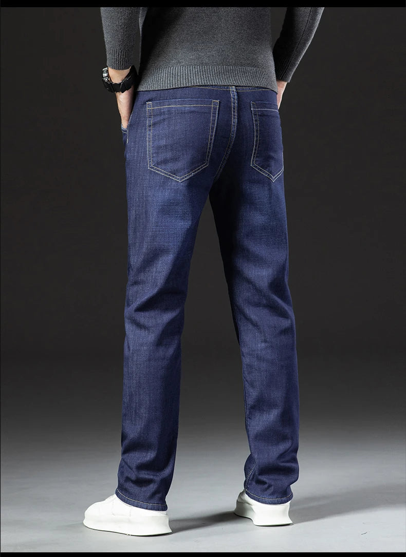 Men's Winter Fleece-Lined Lamb Denim Straight Stretch Jeans, Size 40