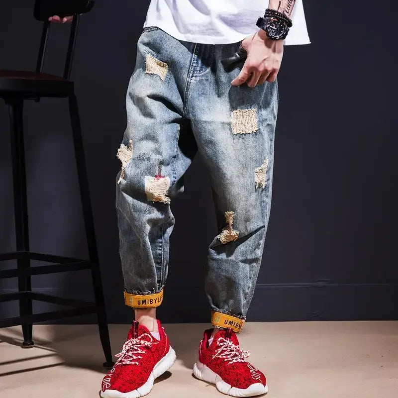 Men's Tapered Ripped Print Jeans, Plus-Size Washed Retro Distressed Denim