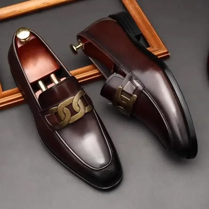 Men's Metal Buckle Genuine Leather Slip-On Wedding Dress Shoes