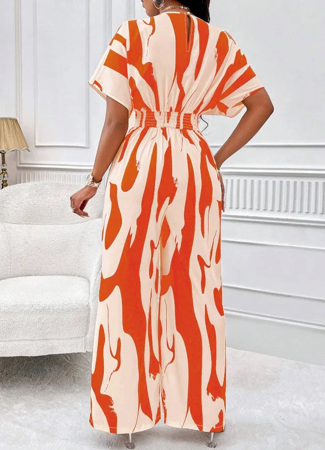 Women's V-Neck Short-Sleeve Printed Wide-Leg Jumpsuit
