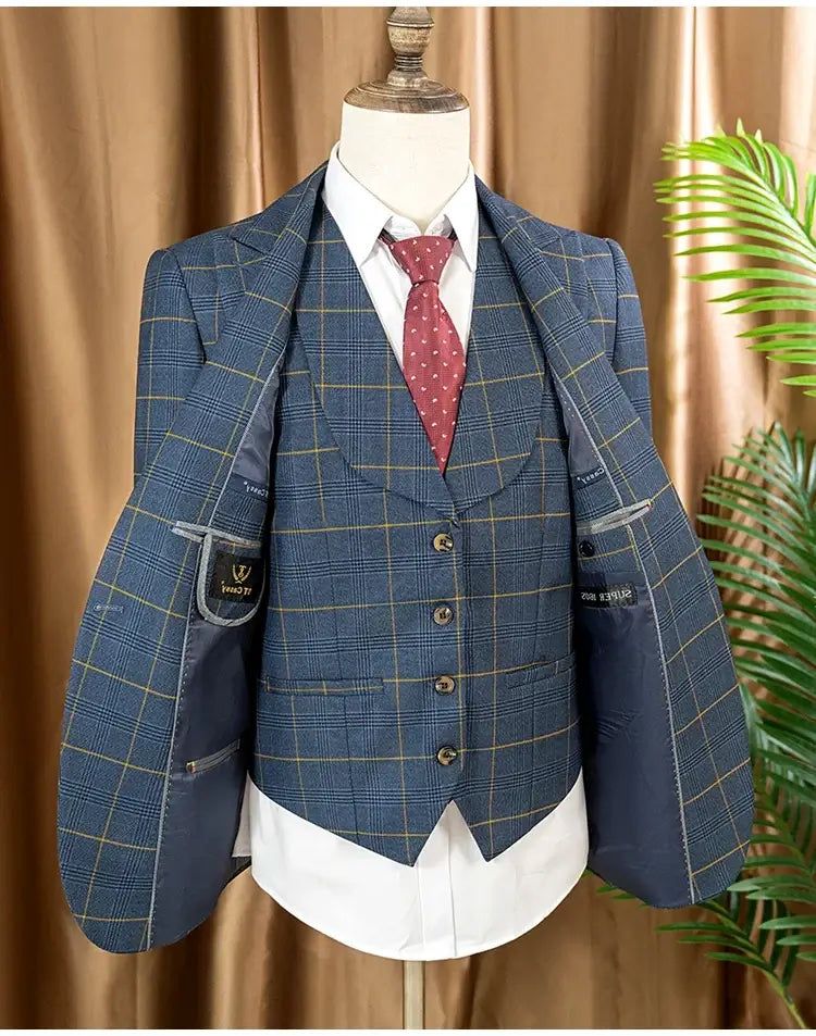 Men's 3-Piece Checkered Business and Wedding Suit