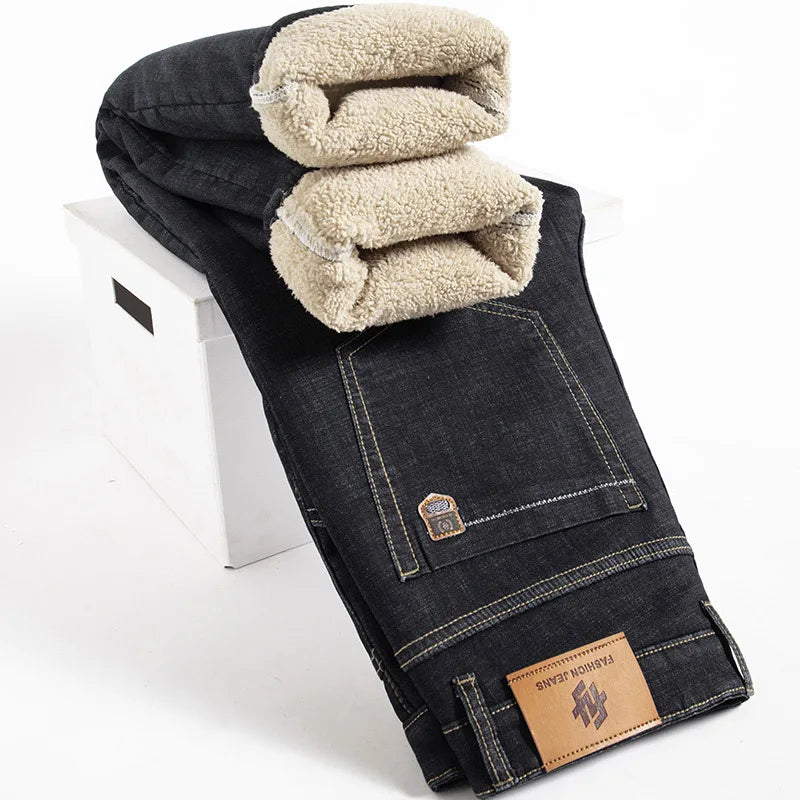 Men's Winter Fleece-Lined Lamb Denim Straight Stretch Jeans, Size 40