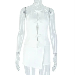 Women's White Hollow Halter Backless Top and Irregular Mini Skirt Set