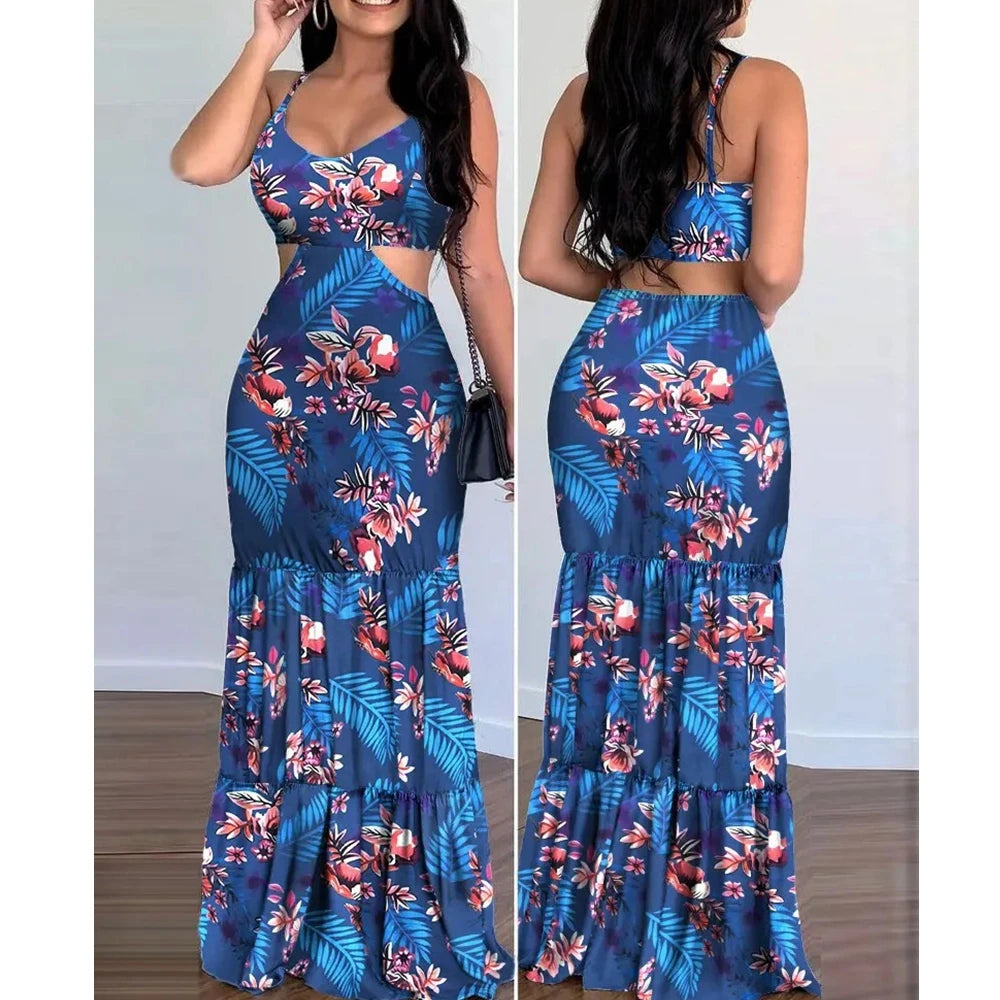 Women's Floral V-Neck Spaghetti-Strap Bodycon Maxi Pencil Dress