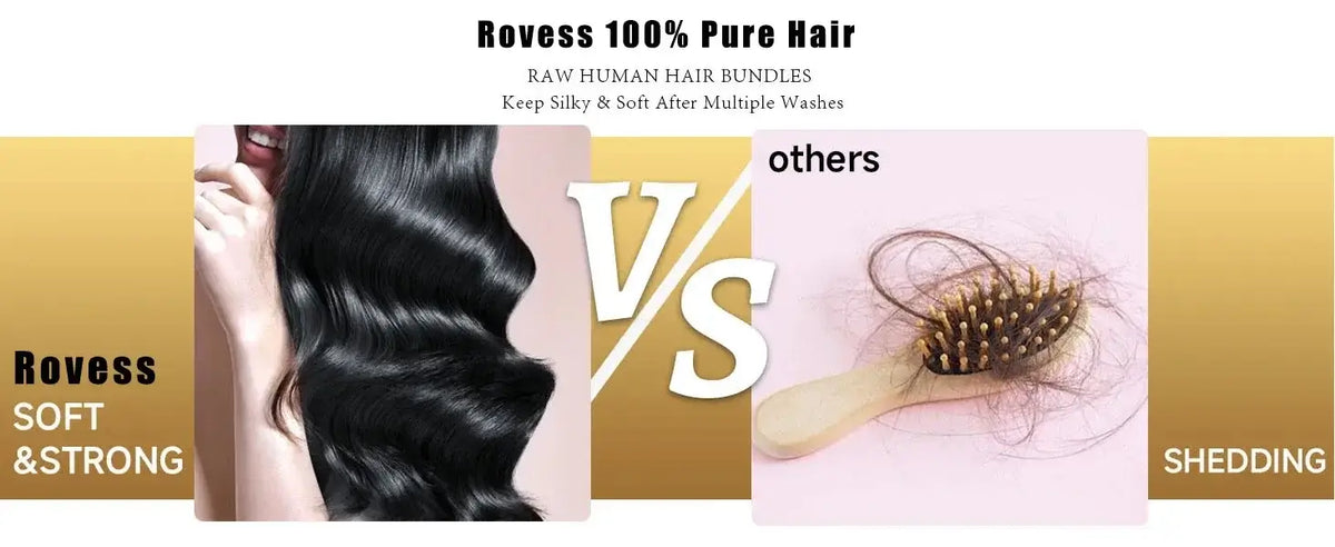 Rovess 100% Pure Hair Bundles comparison showing soft & strong hair versus shedding with a brush.