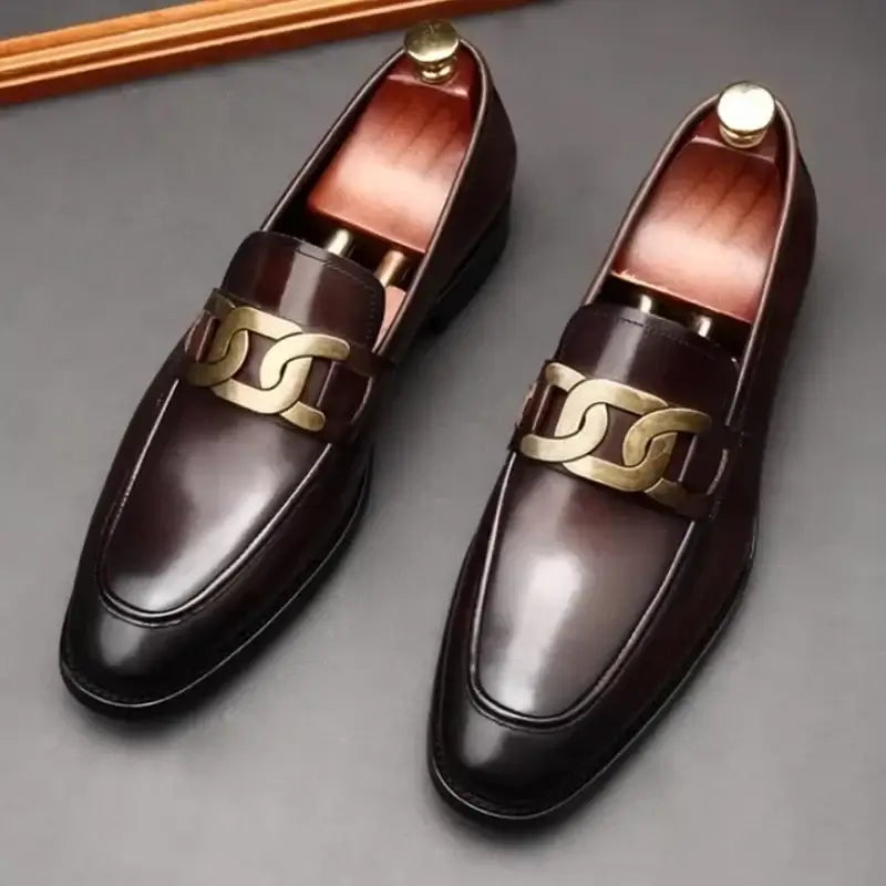 Men's Metal Buckle Genuine Leather Slip-On Wedding Dress Shoes